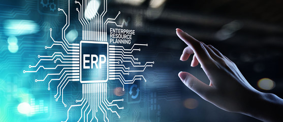 ERP - Enterprise resource planning business and modern technology concept on virtual screen. - obrazy, fototapety, plakaty