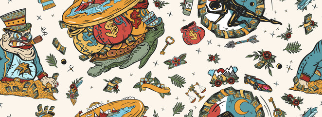 Wealth and poverty. Seamless pattern. Old school tattoo. Angry boss capitalist, flat Earth, turtle and bags of money. Hamster wheel, mortgages, loans, taxes. Social inequality art