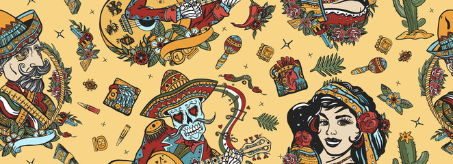 Mexico. Seamless pattern. Skeleton with guitar, mexican woman, bandit. Day Of Dead art. Old school tattoo vector background. National culture and people. Traditional tattooing style