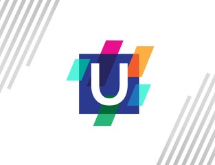 Creative square initial letter U with colorful diagonal line logo design