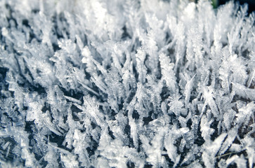 winter background with snowflakes crystals patterns and snow on frozen grass