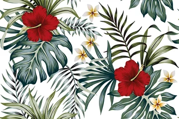 Wall murals Hibiscus Tropical vintage hibiscus plumeria floral green leaves seamless pattern white background. Exotic summer wallpaper.