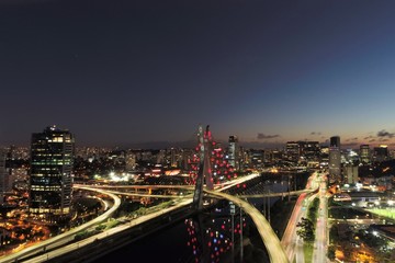 Fototapeta na wymiar Aerial view of famous Estaiada's Bridge decorated for Christmas and New Year Celebrations. Sao Paulo, Brazil