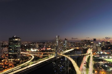 Aerial view of famous Estaiada's Bridge decorated for Christmas and New Year Celebrations. Sao Paulo, Brazil