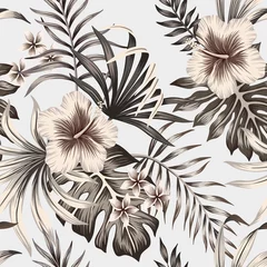 Küchenrückwand glas motiv Blumen Tropische Vintage grafische Hibiskus Plumeria floral Palmblätter nahtlose Muster grauen Hintergrund. Exotische Sommertapete.