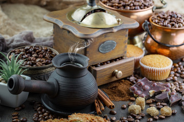Black coffee on an old background in a cup