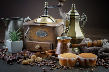 Black coffee on an old background in a cup