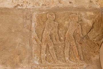 Ancient egyptian paintings and hieroglyphs carved on the stone wall