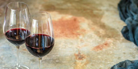 red wine glass (delicious alcoholic drink, holiday) menu concept. food background. top view. copy space