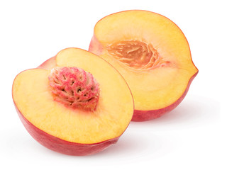 Isolated peaches. One peach fruit cut into halves isolated on white background with clipping path