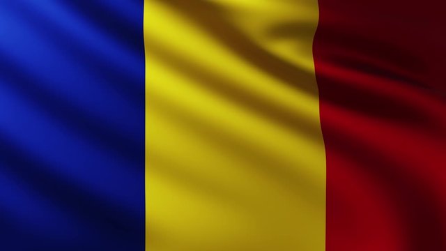 Large Romanian flag fullscreen background fluttering in the wind