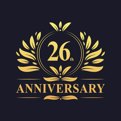 26th Anniversary logo, luxurious golden color 26 years Anniversary logo design celebration.