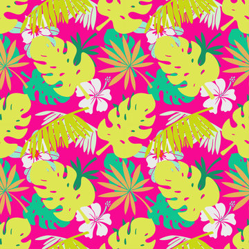 Seamless pattern with hibiscus flowers, palm tree leaves, branches