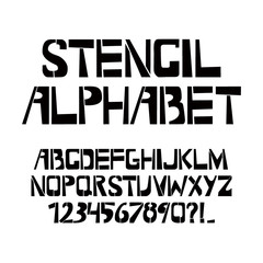 Obraz premium Stencil typeface. Painted vector uppercase characters on white background. Typography alphabet for your designs: logo, typeface, card
