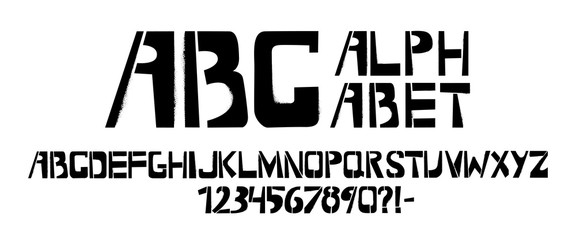 Obraz premium Stencil typeface with spray texture. Painted vector uppercase characters on white background. Typography alphabet for your designs: logo, typeface, card