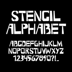 Stencil typeface. Painted vector uppercase characters on black background. Typography alphabet for your designs: logo, typeface, card