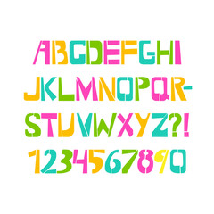Stencil typeface. Colorful vector uppercase characters on white background. Typography alphabet for your designs: logo, typeface, card