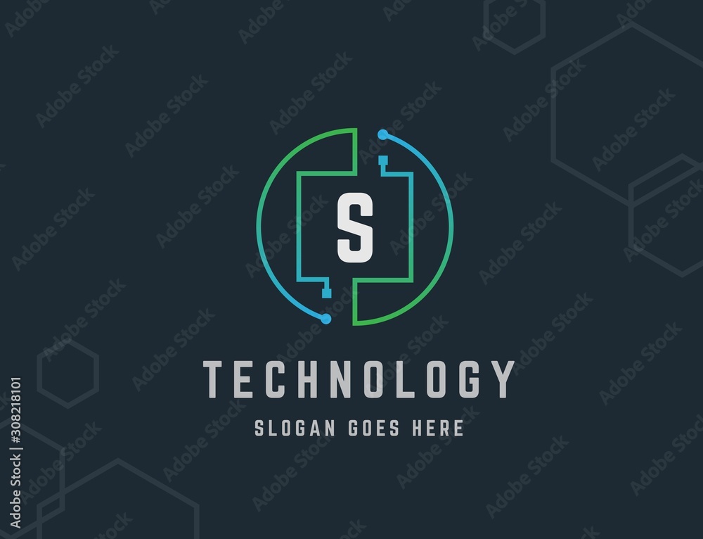 Wall mural circle circuit tech network with initial s letter logo design