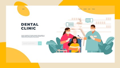 Dentist landing page. Patient examination at doctor office concept, tooth care and and dentist checkup. Vector digital stomatology web page for consulting and diagnostic patients dental staff