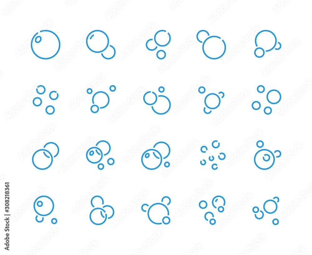 Poster bubbles line icons. soap foam and air bubbles, chemical elements and molecule, fizzy drink and under