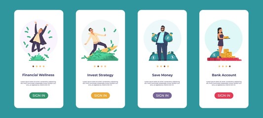 Money stories. Social media banner with happy rich people throwing and sitting on money bundles. Vector illustration financial concepts ownership investments plan