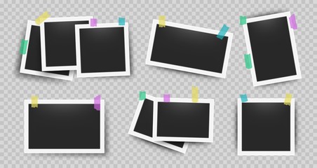 Realistic photo frames with tape. Retro 3D snapshot with white frame and sticky tape on the transparent wall. Vector concept old photo set print for gluing to wall pictures in white framing
