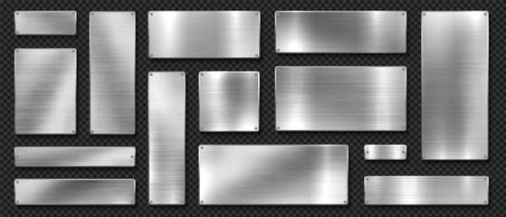 Metal banners. Realistic stainless steel boards with scratched grunge texture and silver shine. Vector metal signs and plates set, riveted image plaque or alloy plating on black transparent background - obrazy, fototapety, plakaty