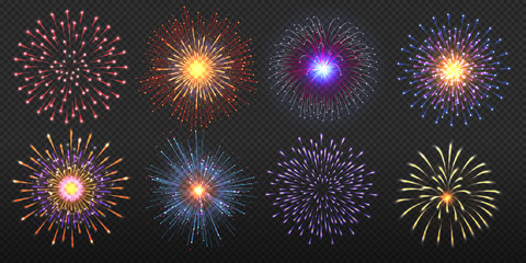 Fireworks. Realistic colorful and golden burst with brightly shining sparks, party celebration pyrotechnic. Vector isolated multicolor festivity light set celebration holiday sky