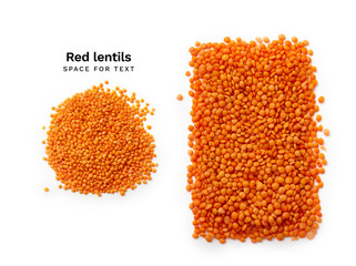 Red lentils flatlay isolated on white background with copy space