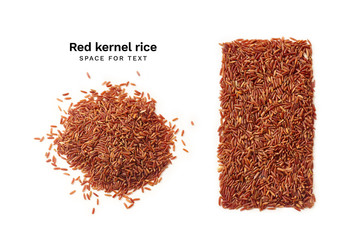 Overhead image of red kernel rice isolated on white background