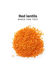 Red lentils flatlay isolated on white background with copy space