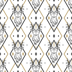 Deer Head with Diamond Shapes Vector Abstract Background. Reindeer Argyle Seamless Pattern