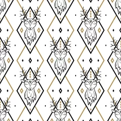Printed kitchen splashbacks Forest animals Deer Head with Diamond Shapes Vector Abstract Background. Reindeer Argyle Seamless Pattern
