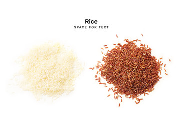 Flatlay with red kernel and white jasmine rice isolated on white background