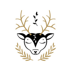 Deer Head with Leaf Branches Tribal Emblem. Reindeer and Leaves Vector illustration