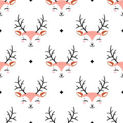 Cute Deer Background for Kids Fashion. Vector Seamless Childish Pattern with Cartoon Doodle Reindeers. Christmas or New Year Holiday Design, Nursery Wallpaper