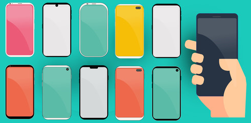 10 modern smartphone and a hand holding the phone. Vector drawing