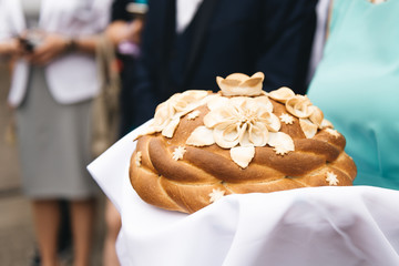 Wedding loaf. Bread and salt for the bride and groom Russian wedding tradition.