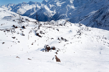 Winter panoramic view of the snowy high mountains of Elbrus in the Russia