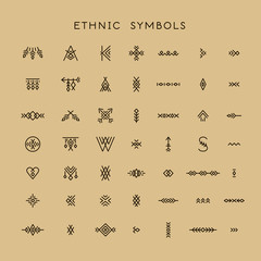Vector set of line art symbols for logo design and lettering in boho and hipster style.