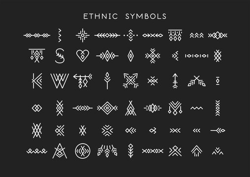 Vector Set Of Line Art Symbols For Logo Design And Lettering In Boho And Hipster Style.