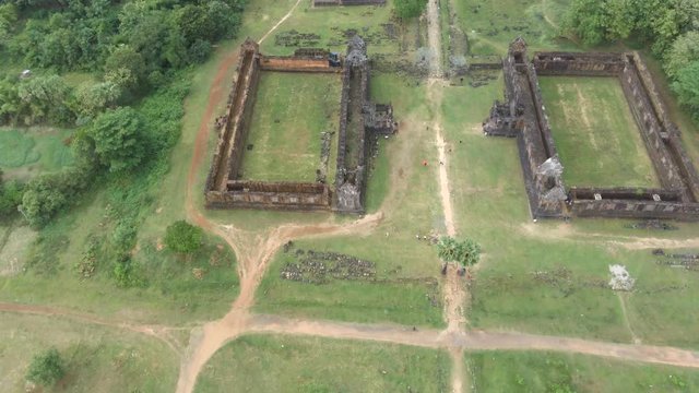 Aerial Drone Footage Over The Famous Wat Phu In Champasak, Lao. Heritage Of The Khmer Kingdom, Drone Is Moving Backwards