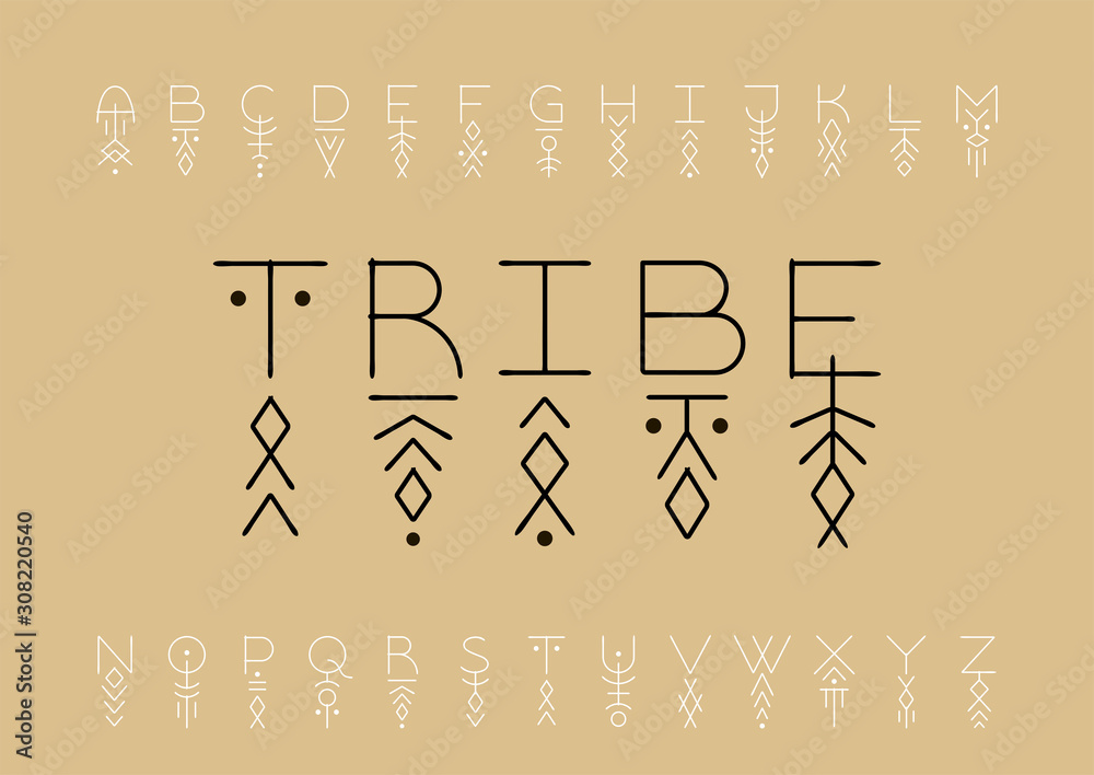 Poster linear runic geometric uppercase font decorated with thin line patterns.