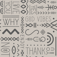 Typographic seamless pattern made of thin line letters and geometric symbols.