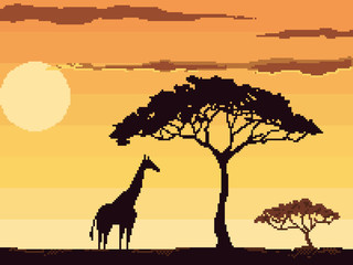 Sunset in Africa with giraffe and trees, savanna landscape vector illustration. Pixel art. 8 bit. 