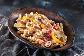 Fusilli pasta salad with smoked turkey