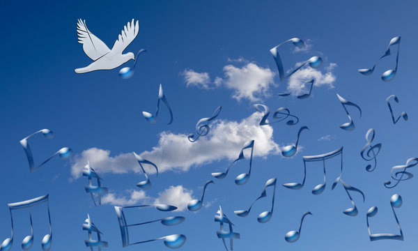 Ilustración que representa una paloma intentando coger las notas musicales que se desprenden de una canción.