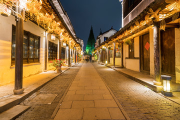 At night, the streets of Zhouzhuang Ancient Town, Suzhou, China