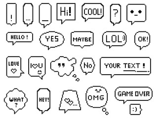 Set of white speech bubbles with text. Pixel art. 8 bit. 