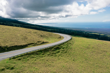 Aerial view of winding road on a moody day